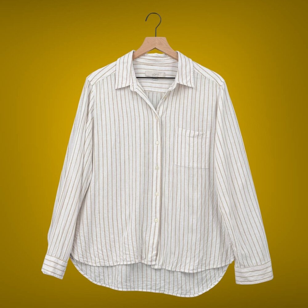 LOFT Linen Blend Striped Button Down Blouse Size L Coastal Cream Tan 613508